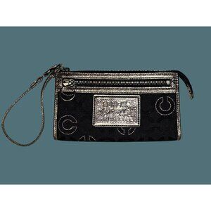 Coach Black Signature C Canvas  Poppy Slim Zip Metallic Gold Trim Wristlet